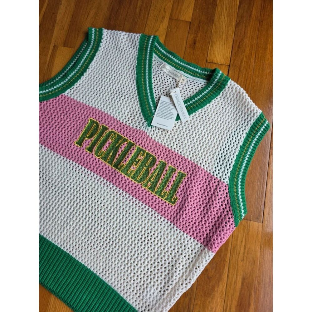 NWT Pickleball Graphic Crochet Sweater Vest - Size XL Colorblock